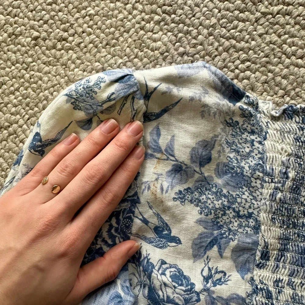 Reformation Blue and White Floral Puff-Sleeve Square Neck Top